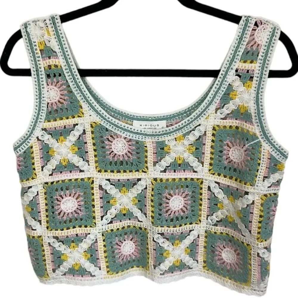 Kirious Los Angeles Y2K granny crochet patchwork floral cotton crop top green L